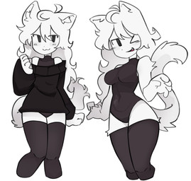 :3 anthro black_clothing blush bodysuit breasts clothing female hair legwear leotard looking_at_viewer navel one_eye_closed shoulderless_shirt simple_background skinsuit solo tail thigh_highs tight_clothing white_background white_body white_hair wink kopito felid mammal absurd_res hi_res