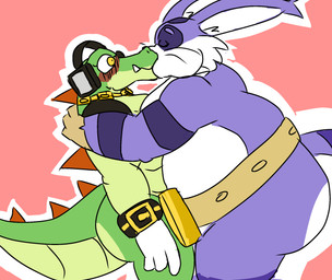 anthro butt duo kissing male male/male muscular muscular_male overweight overweight_male whiskers apolonoise sega sonic_the_hedgehog_(series) big_the_cat vector_the_crocodile felid feline mammal scalie hi_res