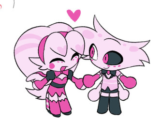 4_arms 4_legs chibi clothed clothing duo eyes_closed female hand_holding male multi_arm multi_limb simple_background white_background enaic31 hazbin_hotel hellaverse angel_dust molly_(hazbin_hotel) angel arachnid arthropod demon humanoid spider brother_(lore) brother_and_sister_(lore) sibling_(lore) sister_(lore)