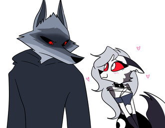 anthro black_sclera blush collar duo ears_back ears_down female grey_hair hair heart_symbol larger_male long_hair male pivoted_ears pupils red_eyes red_sclera size_difference slit_pupils smaller_female spiked_collar spikes white_eyes emositecc dreamworks hellaverse helluva_boss mythology puss_in_boots_(franchise) death_(puss_in_boots) loona_(helluva_boss) canid canid_demon canine canis demon hellhound mammal mythological_canine mythological_creature wolf hi_res