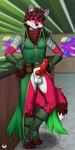 anthro balls bar blue_ears erection genitals green_outfit human_hair knot male nude penis red_body red_penis smile solo tail yellow_eyes eldiman holly_(ortiz) canid canine fox mammal red_fox true_fox 1:2 absurd_res hi_res