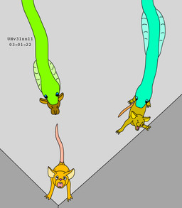 age_difference ambiguous_feral ambiguous_gender blue_body blue_eyes brown_body brown_fur cornered feet_first feral feral_pred feral_prey fleeing forced fur group larger_pred looking_at_viewer looking_up looking_up_at_viewer mouse_tail multiple_pred multiple_prey older_pred open_mouth oral_vore prey_bulge scared size_difference struggling struggling_prey tail trapped unwilling_prey vore willing_pred yellow_body yellow_fur young young_feral young_prey urbanhermit mammal mouse murid murine reptile rodent scalie snake 2003 colored dated male_(lore)