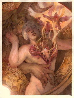 abstract_background ambiguous_gender beak celtic_symbol chest_wound detailed_background eyes_closed feathered_wings feathers feral group hair horn hug leaf leaf_hair male not_furry nude pale_skin plant plant_hair pseudo_hair rib_cage soft_gore white_hair wings julie_dillon celtic_mythology european_mythology mythology green_man avian bird human humanoid mammal mythological_creature colored_pencil_(artwork) english_description gouache_(artwork) hi_res painting_(artwork) traditional_media_(artwork) traditional_painting_(artwork) watercolor_(artwork)