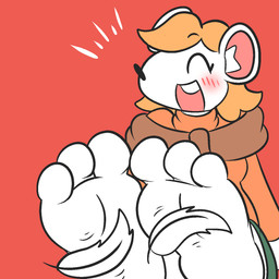3_toes alternate_species anthro barefoot black_nose blonde_hair blush bottomwear buckteeth clothing eyes_closed feet female foot_focus fur green_bottomwear green_clothing hair laugh loose_feather open_mouth open_smile orange_clothing orange_topwear plantigrade red_background simple_background smile soles solo teeth tickle_fetish tickling tickling_feet toes topwear white_body white_fur white_loose_feather compysteps ashley_graham_(resident_evil) moushley mammal mouse murid murine rodent 1:1 hi_res