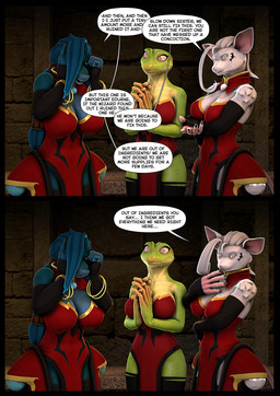 5_fingers anthro armwear blue_body blue_hair blue_scales breasts cleavage clothed clothed_anthro clothed_female clothing dialogue female fingers fur green_body green_skin group hair humanoid_hands legwear scales speech_bubble stockings text trio white_body white_fur white_hair petruz petruz_(modeler) edurne_(petruz) frog_(petruz) maristela_(petruz) rat_(petruz) amphibian frog lizard mammal murid murine rat reptile rodent scalie 3d_(artwork) comic digital_media_(artwork) english_text hi_res source_filmmaker_(artwork)