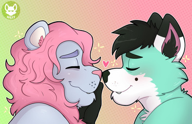 anthro black_ear_tips black_eyebrows black_hair black_inner_ear_fluff black_nose cheek_tuft closed_smile dipstick_ears dotted_background duo ear_markings eyebrows eyes_closed facial_tuft fangs fur gradient_background hair heart_symbol inner_ear_fluff light logo love male male/male male_anthro mane mole_under_eye mouth_closed multicolored_body multicolored_ears multicolored_fur nose_to_nose pattern_background pink_mane pink_nose purple_body purple_eyebrows purple_fur short_hair side_view simple_background smile sparkles teal_body teal_fur teeth tuft whisker_spots white_body white_fur ractoons canid canine canis felid lion mammal pantherine wolf 2020 artist_logo colored digital_drawing_(artwork) digital_media_(artwork) lighting shaded