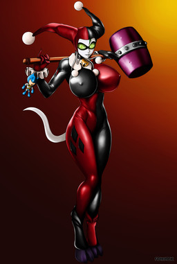 bell bell_collar big_breasts bouncing breasts cleavage clothed clothing cloven_hooves collar cosplay costume cowbell erect_nipples female glowing glowing_eyes gradient_background green_eyes green_hair hair hammer hooves horn huge_breasts melee_weapon nipple_outline nipples plushie pose simple_background skinsuit solo standing tight_clothing tools weapon franarok batman_(series) blizzard_entertainment dc_comics warcraft harley_quinn neira deity draenei humanoid absurd_res crossover hi_res