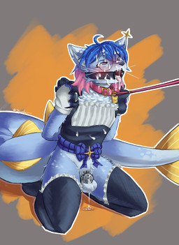 anthro balls blue_body blue_eyes blue_fur blue_hair blush bodily_fluids chastity_cage chastity_device clothing collar cum cum_in_hair cum_on_face cum_on_tongue dripping eyewear flat_chastity_cage fur gag gagged genital_fluids genitals glasses hair hands_behind_back heart_eyes heart_symbol kneeling leaking_precum leash leash_pull leashed_collar legwear looking_at_another male metal_chastity_cage offscreen_dominant pink_collar pink_hair_tips pink_tongue precum precum_drip precum_on_balls precum_string ring_gag round_glasses solo thigh_highs tongue wearing_chastity_cage wearing_chastity_device wearing_collar wearing_glasses shoomka 2026 digital_drawing_(artwork) digital_media_(artwork) english_description hi_res