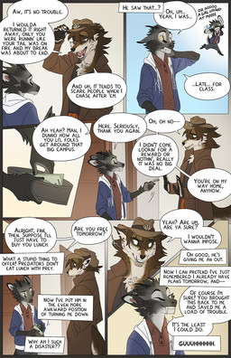 anthro biped black_nose brown_body brown_eyes brown_fur cheek_tuft clothed clothed_anthro clothing dialogue doorway duo facial_tuft fluffy fluffy_tail fur grey_body grey_fur hat head_tuft headgear headwear inner_monologue inside male money pointy_ears prick_ears snout speech_bubble tail tan_body tan_fur text text_box thinking tuft tusks wallet yellow_sclera falco_works indy_(justroadkill) pen_(falco_works) canid canine canis cervine coyote deer mammal tufted_deer 2023 comic digital_media_(artwork) english_text hi_res multiple_scenes