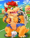 american_football_uniform back_spikes ball big_teeth blushing_profusely bowser chargin'_chuck clothing edmol football_field football_helmet football_jersey football_player gridiron_ball hi_res horn koopa male mario_bros nintendo scalie spikes spikes_(anatomy) sweating_profusely torn_clothing transformation