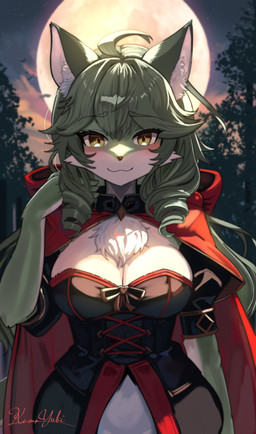 anthro belly big_breasts breasts chest_tuft cloak closed_smile clothed clothing countershading dress female forest front_view fully_clothed fur green_body green_eyes green_fur green_hair hair inner_ear_fluff looking_at_viewer moon mouth_closed night outside plant smile solo standing tree tuft white_belly kemo_yuki domestic_cat felid feline felis mammal hi_res