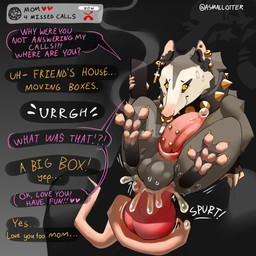 anal anal_penetration animal_genitalia anthro ball_size_difference balls big_penis big_top_small_bottom bodily_fluids christian_cross christian_symbol cigarette cigarette_in_mouth collar collar_only cross cum cum_in_ass cum_inside detailed_background dialogue dishonesty dominant dripping duo ear_piercing ejaculation electronics embarrassed erection facial_piercing feet fur genital_fluids genital_piercing genitals gold_(metal) gold_jewelry gradient_background grey_body grey_fur heart_symbol jewelry knot knotted_penis larger_dom looking_at_viewer male male/male male_penetrated missed_call motion_lines nose_piercing nose_ring nude object_in_mouth on_lap orgasm pawpads paws penetration penile penile_penetration penis penis_in_ass penis_piercing penis_size_difference phone phone_call piercing precum precum_drip religion religious_symbol ring ring_piercing semi-anthro septum_piercing sheath sheathed_tapering_penis shortstack shortstack_male simple_background sitting sitting_on_another sitting_on_lap sitting_sex size_difference smile smoke smoke_trail speech_bubble spiked_collar spikes spread_legs spread_toes spreading submissive submissive_male sweat sweatdrop tail tail_coil tail_wrapped_around_penis tail_wrapping tapering_penis text toes wet white_body white_fur yellow_eyes asmallotter christianity american_opossum canid canine canis mammal marsupial wolf 1:1 english_text hi_res signature mother_(lore) mother_and_child_(lore) mother_and_son_(lore) parent_(lore) parent_and_child_(lore) parent_and_son_(lore) son_(lore)