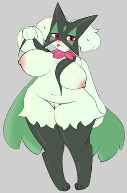 anthro big_breasts breast_curtains breasts feet female genitals grey_background nipples presenting presenting_breasts simple_background solo thick_thighs tongue tongue_out vulva tomucyann nintendo pokemon domestic_cat felid feline felis generation_9_pokemon mammal meowscarada pokemon_(species) absurd_res hi_res