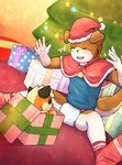 anthro bell bottomwear box christmas_clothing christmas_headwear clothed clothing container diaper footwear gift_box happy hat headgear headwear holidays male santa_hat socks solo underwear wearing_diaper luce_bontemps christmas canid canine canis domestic_dog mammal hi_res