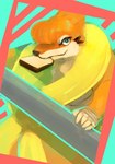 anthro bandage biped black_nose blue_background bread female fingers food fur green_eyes holding_object holding_weapon melee_weapon orange_body orange_fur simple_background solo sword teeth toast weapon happysorry nintendo pokemon floatz floatzel generation_4_pokemon pokemon_(species) 2014