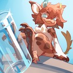anthro blue_background blue_eyes blue_horn brown_body brown_fur brown_hair chest_tuft fur grin hair horn looking_at_viewer male nude simple_background sitting smile solo tuft whiskers white_body white_fur yellow_horn corzh77 species_request 1:1 absurd_res hi_res