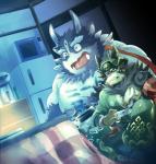 3_eyes anthro controller detailed_background duo furniture kotatsu male mongolian mongolian_clothing multi_ear multi_eye musclegut muscular muscular_male size_difference table tusks ohayashi55 lifewonders tokyo_afterschool_summoners temujin_(tas) tsathoggua_(tas) canid canine canis mammal wolf 2019