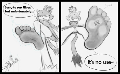 5_toes anthro dialogue duo extreme_size_difference feet female female_anthro foot_fetish foot_focus foot_play macro male male/female male_anthro micro size_difference soles speech_bubble stomping stuck_to_foot text toes trampling underfoot scaryjerryrd sega sonic_the_hedgehog_(series) blaze_the_cat silver_the_hedgehog domestic_cat eulipotyphlan felid feline felis hedgehog mammal english_text hi_res