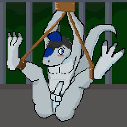 anthro anus balls bdsm blue_eyes blush bondage bone_frill bound cage countershade_torso countershading cuffs_(clothing) embarrassed erection exposed featureless_chest feet forced forest frill_(anatomy) genitals grey_body in_cage jungle looking_away male nude penis perineum plant pubes solo tree 5up3rfr34k freak_(5up3rfr34k) cryolophosaurus dinosaur prehistoric_species reptile saurischian scalie theropod digital_media_(artwork) pixel_(artwork)
