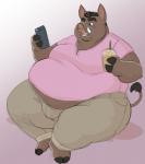 anthro belly beverage big_belly biped brown_body brown_fur butt captainjusticevirtsuoso cellphone clothed clothing electronics fingers fur hi_res holding_beverage holding_cellphone holding_object holding_phone hooved_fingers hooves male mammal moobs obese obese_anthro obese_male open_mouth open_smile overweight overweight_anthro overweight_male phone sitting smartphone smile solo suid suina sus_(pig) tail tail_tuft thick_thighs tuft tusks wild_boar