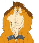 abs absurd_res anthro barrel_(live_a_hero) blood bodily_fluids canid canine canis casual_nudity cuff_(restraint) deltoids flaccid fur genitals handcuffs hi_res humanoid_genitalia humanoid_hands inuyama_kensin lifewonders live_a_hero male mammal manly metal_cuffs muscular muscular_anthro muscular_male navel nipples nude pecs penis restraints solo wolf wounded