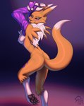 anthro black_sclera blue_eyes breasts butt claws female fur hands_above_head mane markings nipples nude pawpads paws rear_view sleeves solo tattoo white_body white_fur yellow_body yellow_fur sacrificabominat bandai_namco digimon canid canine digimon_(species) fox mammal renamon hi_res