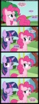 blue_eyes dialogue female feral fur hair horn humor joke multicolored_hair outside plant purple_body purple_fur purple_hair tail text tree two_tone_hair wood veggie55 friendship_is_magic hasbro my_little_pony mythology pinkie_pie_(mlp) twilight_sparkle_(mlp) earth_pony equid equine horse mammal mythological_creature mythological_equine pony unicorn absurd_res comic english_text hi_res url