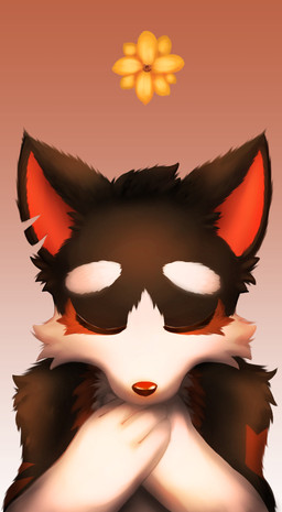 anthro arm_tuft black_body black_fur brown_body brown_fur cheek_tuft eyes_closed facial_tuft flower front_view fur head_tuft male notched_ear nude plant shoulder_tuft simple_background solo tuft unsigned white_body white_fur yellow_flower papayafurry canid canine canis domestic_dog mammal bust_portrait hi_res portrait