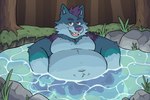 anthro bathing belly big_belly blue_body blue_fur forest forest_background fur hair hot_spring looking_at_viewer male moobs nature nature_background navel open_mouth outside overweight overweight_anthro overweight_male partially_submerged plant purple_hair rock smile tree water wet rodraccoon yukon canid canine canis mammal wolf 3:2 hi_res