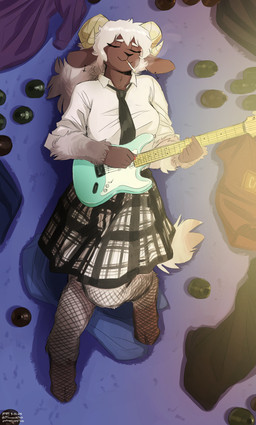 accessory anthro bottomwear breasts cigarette cigarette_in_mouth clothed clothing cloven_hooves collared_shirt curved_horn dress_shirt ear_piercing electric_guitar eyes_closed female fishnet_clothing fishnet_leggings fishnet_legwear fully_clothed fur guitar hair hooves horn leggings legwear lying musical_instrument necktie object_in_mouth on_back piercing playing_guitar playing_music plucked_string_instrument shirt skirt smile smoking smoking_cigarette solo string_instrument text topwear white_hair wool_(fur) the-minuscule-task fender_musical_instruments_corporation stratocaster bovid caprine domestic_sheep mammal sheep 2024 absurd_res hi_res url