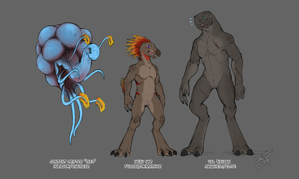 6_eyes ambiguous_gender animal_genitalia anthro arm_feathers arm_tuft avian_caruncle beak digitigrade feather_hair feathered_crest feathers feral floating genital_slit genitals group head_crest male multi_eye nude pseudo_hair tentacles trio tuft benji_(artist) halo_(series) microsoft xbox_game_studios nav_(benji) alien avian huragok kig-yar sangheili scalie t'vaoan 5:3 colored hi_res