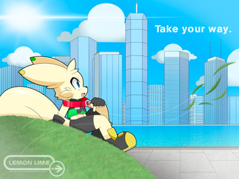 building city cityscape cloud grass kemono looking_outside male plant sitting sitting_on_grass skyscraper solo sun text wind lemonlime lemonlime_(character) english_text hi_res