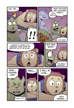 angry annoyed anthro big_penis blue_clothing blue_shirt blue_topwear blush bodily_fluids brown_hair clothing cum cum_on_chest dialogue erection exclamation_point eye_contact eyes_closed flustered fur genital_fluids genitals glans green_body green_fur green_hair greeting grey_body grey_penis group hair interrupting looking_at_another looking_away love male male/male penis profanity round_ears seven_frame_image shirt shocked smile sound_effects speech_bubble talking_during_sex text topwear trio whiskers yelling yellow_body t0l0k isaac_(t0l0k) scott_(t0l0k) ted_(t0l0k) aquatic domestic_cat felid feline felis fish lion mammal pantherine shark comic english_text hi_res