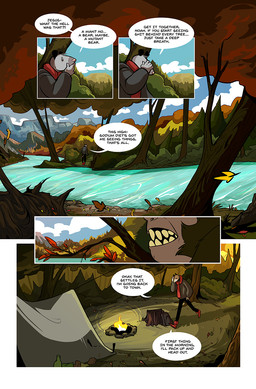 anthro backpack boots campfire camping_tent campsite clenched_teeth clothed clothing day detailed_background dialogue empty_eyes footwear forest forest_background glass_bottle hoodie male mountain_range nature nature_background outside plant profanity scarf shoes sky speech_bubble standing teeth teeth_showing tent text topwear tree water white_eyes mustachemutt american_opossum mammal marsupial virginia_opossum comic digital_media_(artwork) english_text hi_res