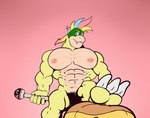 3_toes 5_fingers abs anthro barazoku biceps big_muscles big_pecs eyebrows fangs feet fingers hair looking_at_viewer male mohawk multicolored_hair muscular muscular_anthro muscular_male muscular_thighs nipples pecs simple_background solo teeth toes wand treekster mario_bros nintendo koopaling lemmy_koopa koopa scalie