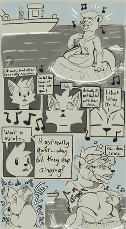 abdominal_bulge boat neck_bulge oral_vore rumbling_stomach same_size_vore sea singing swallowing text vehicle vore voretober2025 water watercraft arkailart voretober voretober_2025 mammal mustelid otter absurd_res comic english_text hi_res sequence