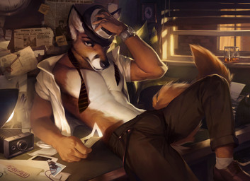 anthro black_clothing black_hat black_headwear black_nose bottomwear brown_body brown_bottomwear brown_clothing brown_fur brown_pants clock clothed clothing footwear fur glistening glistening_eyes green_eyes hat headgear headwear inside looking_at_viewer male male_anthro open_clothing open_topwear pants reclining shoes slim slim_anthro slim_male solo tail topwear watch white_body white_clothing white_fur white_topwear wristwatch darkgem canid canine fox mammal absurd_res detailed hi_res