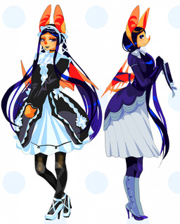 accessory anthro big_ears black_hair black_lipstick blue_hair blush clothed clothed_female clothing dotted_background dress female footwear hair hair_accessory hairclip high_heels lipstick long_hair maid_uniform makeup multicolored_hair orange_body pattern_background purple_hair shoes shy simple_background smile solo uniform wings dyrdeer bat mammal hi_res