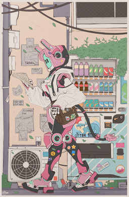 air_conditioner ambiguous_gender bag beverage can clothing container female holding_object hoodie jacket leaf machine newspaper not_furry poster reading reading_newspaper robotic solo sticker topwear trash vending_machine walking auveiss aveline_(auveiss) humanoid robot robot_humanoid 2025 absurd_res digital_media_(artwork) hi_res