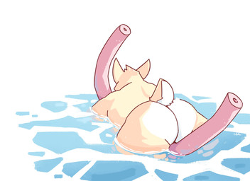 anthro big_butt butt fur male nude overweight overweight_anthro overweight_male partially_submerged pool_noodle rear_view solo swimming tail water white_body white_fur white_tail yellow_body yellow_ears yellow_fur yellow_tail chocolateandmilk richard_(chocolateandmilk) canid canine canis domestic_dog mammal hi_res
