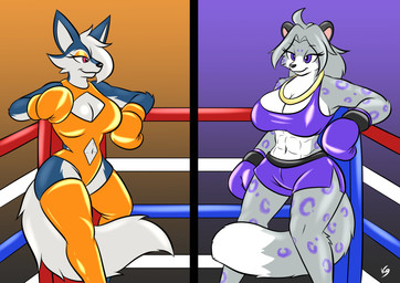 abs anthro boxing boxing_gloves boxing_shorts bra cleavage_cutout clothing cutout duo female fighting_ring handwear midriff simple_background small_waist sport sports_bra underwear wide_hips the_k9_empire vulpinecrew canid canine canis felid mammal pantherine snow_leopard wolf absurd_res hi_res
