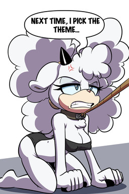 all_fours angry anthro barefoot big_breasts blue_eyes bra breasts cleavage clenched_teeth clothed clothing collar cross-popping_vein dialogue feet female horn kneeling leash long_ears narrowed_eyes offscreen_character poofy_hair solo speech_bubble teeth underwear corythec idw_publishing sega sonic_the_hedgehog_(comics) sonic_the_hedgehog_(idw) sonic_the_hedgehog_(series) lanolin_the_sheep_(sonic) bovid caprine mammal sheep absurd_res hi_res
