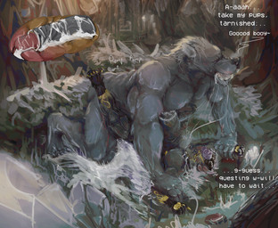 anthro anus bodily_fluids breed butt claws crystal cum cum_inflation cum_inside cum_pool dominant dominant_male duo fantasy forest fur genital_fluids good_boy grey_body grey_fur grey_hair hair horn inflation male male/male muscular pawpads pecs pinned plant saliva saliva_string slosh teeth text tongue tree artjackal elden_ring fromsoftware mythology blaidd_(elden_ring) canid canine canis hybrid jackal mammal mythological_canine mythological_creature werecanid werecanine werecreature werewolf wolf hi_res