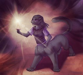 4_legs 4_toes 5_fingers black_body black_fur candle clothing dreadlocks feet female fingers fur hair hoodie light open_mouth purple_eyes shirt simple_background solo standing t-shirt toes topwear imanika felid mammal pantherine taur digital_media_(artwork) shaded watermark