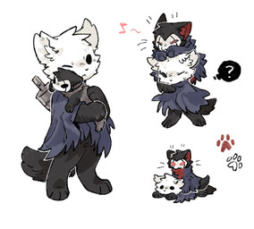 ambiguous_gender anthro biped black_body black_eyes black_fur black_nose bodily_fluids closed_smile clothing duo empty_eyes feral fur holding_another inner_ear_fluff lying melee_weapon mouth_closed nail_(weapon) on_front on_ground one_eye_closed paws question_mark red_eyes simple_background smile standing sweat sweatdrop tail tuft weapon weapon_on_back white_background white_body white_fur aaasakawa hollow_knight_(franchise) team_cherry grimmchild_(hollow_knight) the_knight_(hollow_knight) canid canine felid feline mammal 2026 hi_res