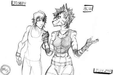 abs anthro athletic athletic_female bangs belt bottomwear breasts buckle claws cleavage clothed clothing collarbone crop_top duo elbow_pads eye_contact eyebrows female fingerless_gloves fluffy gloves hair hand_holding handwear inner_ear_fluff looking_at_another muscular muscular_female nails navel pants pattern_bottomwear pattern_clothing pattern_pants shirt sleeveless_shirt smile spiky_hair standing striped_bottomwear striped_clothing striped_pants stripes tank_top thick_thighs topwear tuft unsure wide_hips harpseal bluu_(harpseal) joseph_(harpseal) human hyena mammal striped_hyena 2017 greyscale hi_res monochrome