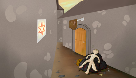 alley backpack banana_peel blood bodily_fluids female group pub solo_focus trash kadeki arthropod blattodean cockroach insect kobold scalie 7:4 digital_media_(artwork) hi_res