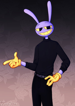 4_fingers alternate_costume anthro black_bottomwear black_clothing black_pants black_sweater black_topwear bottomwear clothing fingers floral_background floral_pattern floral_print flower half-closed_eyes hand_on_hip looking_at_viewer male narrowed_eyes pants plant smile solo sweater topwear turtleneck zestyzoma glitch_productions the_amazing_digital_circus jax_(tadc) lagomorph leporid mammal rabbit hi_res