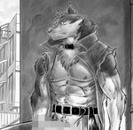 abs anthro biceps brand_new_animal canid canine canis censored furryrevolution hi_res male mammal monochrome mosaic_censorship muscular muscular_anthro muscular_male nipples obliques pecs shirou_ogami solo studio_trigger triceps wolf