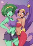 blue_eyes bottomwear bra breast_squish breasts breasts_frottage clothed clothing duo ear_piercing female gradient_background green_hair hair humanoid_pointy_ears long_hair looking_at_viewer navel not_furry open_mouth pants piercing pointy_ears ponytail purple_hair red_eyes shirt short_hair shorts simple_background squish topwear underwear bigdead93 shantae_(series) wayforward rottytops shantae genie humanoid undead zombie 2019 hi_res